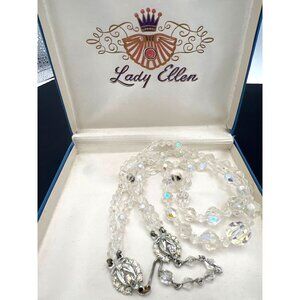 Vintage Lady Ellen AB Crystal Necklace Aurora Borealis Rhinestone Clasp Box